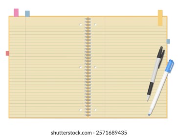 A Set of Simple Lined Notebook, Sticky Notes, Ballpoint Pen, and Highlighter, Spiral Notebook, Open Spread, 3-hole punched , Ring-bound notebook