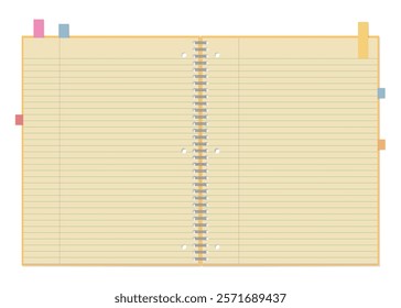 A Set of Simple Lined Notebook and Sticky Notes, Spiral Notebook, Open Spread, 3-hole punched , Ring-bound notebook