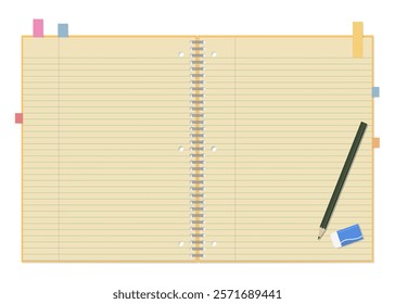 A Set of Simple Lined Notebook, Sticky Notes, Pencil, and Eraser, Spiral Notebook, Open Spread, 3-hole punched , Ring-bound notebook