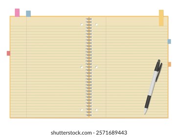 A Set of Simple Lined Notebook, Sticky Notes, and Ballpoint Pen, Spiral Notebook, Open Spread,3-hole punched , Ring-bound notebook