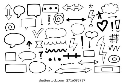 A set of simple line-drawn icons including speech bubbles, arrows, punctuation, and emoticon-like symbols.