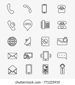 Set of simple lines communication and contact related vector icons