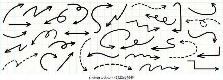 Conjunto de linhas simples mão desenhado setas pretas em vários estilos. Conjunto de simples de setas pretas desenhadas à mão. Conjunto de linhas simples desenhadas à mão setas pretas. Vários de linhas simples coleção de setas