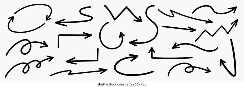 Satz von einfachen Linien handgezeichnete schwarze Pfeile in verschiedenen Stil. Satz einfacher schwarzer handgezeichneter Pfeile. Satz einfacher Linien, handgezeichnete schwarze Pfeile. Verschiedene von einfachen Linien Pfeile Sammlung