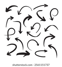 Set of simple lines hand drawn black arrows.