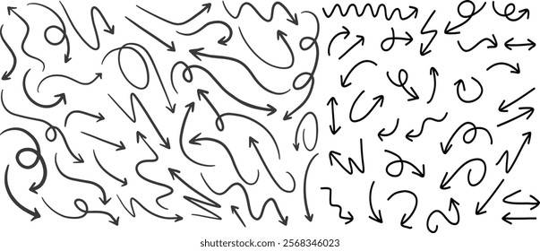 Set of simple lines hand drawn black arrows in various style. Set of simple of hand drawn black arrows. Set of simple lines hand drawn black arrows. Various of simple lines arrows collection