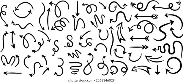 Set of simple lines hand drawn black arrows in various style. Set of simple of hand drawn black arrows. Set of simple lines hand drawn black arrows. Various of simple lines arrows collection