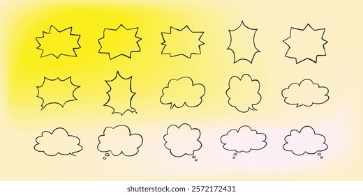 Set of simple lines hand drawn speech bubbles in various shapes gradient background. Set of simple of hand drawn speech bubbles gradient background. Set of simple lines hand drawn speech bubbles