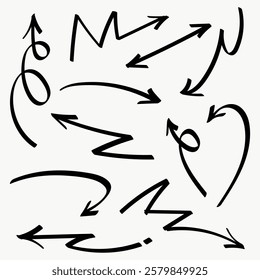 Set of simple lines hand drawn black arrows in various style. Set of simple of hand drawn black arrows. Set of simple lines hand drawn black arrows. Various of simple lines arrows collection