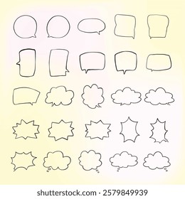 Set of simple lines hand drawn speech bubbles in various shapes gradient background. Set of simple of hand drawn speech bubbles gradient background. Set of simple lines hand drawn speech bubbles
