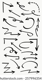 Set of simple lines hand drawn black arrows in various style. Set of simple of hand drawn black arrows. Set of simple lines hand drawn black arrows. Various of simple lines arrows collection