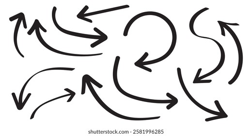 Set of simple lines hand drawn black arrows in various style. Set of simple of hand drawn black arrows. Hand drawn arrow icons doodle design elements.