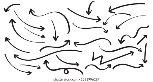 Set of simple lines hand drawn black arrows in various style. Set of simple of hand drawn black arrows. Hand drawn arrow icons doodle design elements.