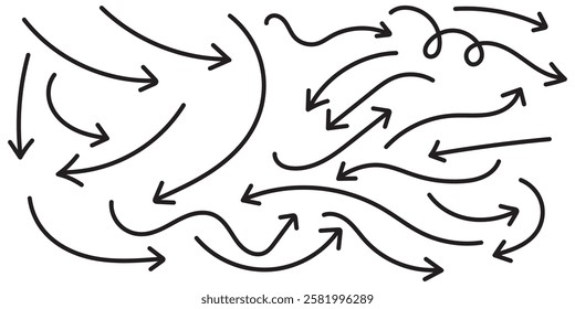 Set of simple lines hand drawn black arrows in various style. Set of simple of hand drawn black arrows. Hand drawn arrow icons doodle design elements.