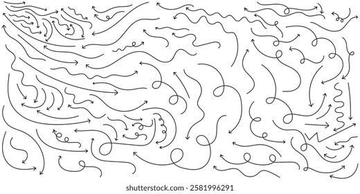 Set of simple lines hand drawn black arrows in various style. Set of simple of hand drawn black arrows. Hand drawn arrow icons doodle design elements.