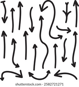 Set of simple lines hand drawn black arrows in various style. Set of simple of hand drawn black arrows.