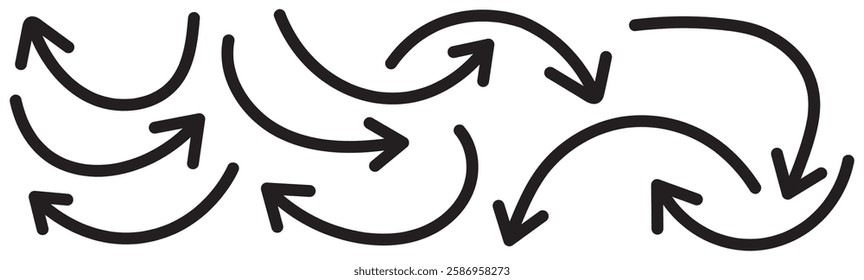 Set of simple lines hand drawn black arrows in various style. Set of simple of hand drawn black arrows. Set of simple lines hand drawn black arrows. Hand drawn thin line arrows set. Many vector curvy 
