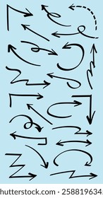 Set of simple lines hand drawn black arrows in various style. Set of simple of hand drawn black arrows. Set of simple lines hand drawn black arrows. Various of simple lines arrows collection