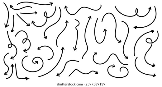 Set of simple lines hand drawn black arrows in various style. Set of simple of hand drawn black arrows. Set of simple lines hand drawn black arrows. Various of simple lines arrows illustration. 