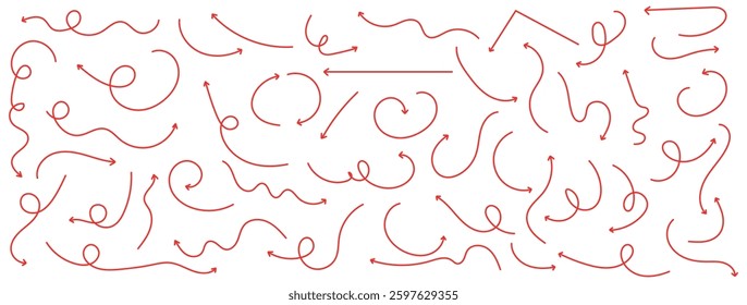Set of simple lines hand drawn Red arrows in various style. Set of simple of hand drawn Red arrows. Set of simple lines hand drawn red arrows. 