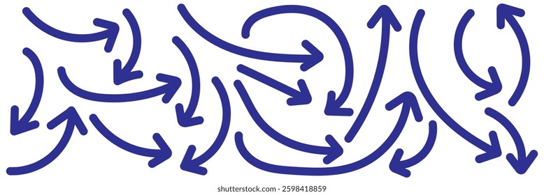 Set of simple lines hand drawn blue arrows in various style. Set of simple of hand drawn blue arrows. Set of simple lines hand drawn blue arrows. Various of simple lines arrows collection. 