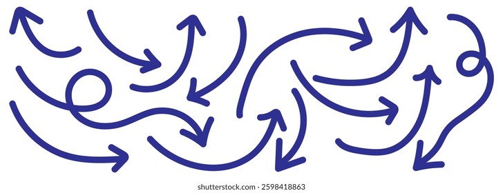 Set of simple lines hand drawn blue arrows in various style. Set of simple of hand drawn blue arrows. Set of simple lines hand drawn blue arrows. Various of simple lines arrows collection. 
