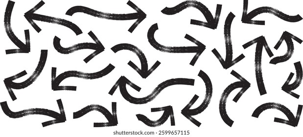Set of simple lines hand drawn black arrows in various style. Bold brush drawn curved arrows. Hand drawn vector thick marker arrows. Arrow mark icons and arrow paint. Stock vector. EPS10.