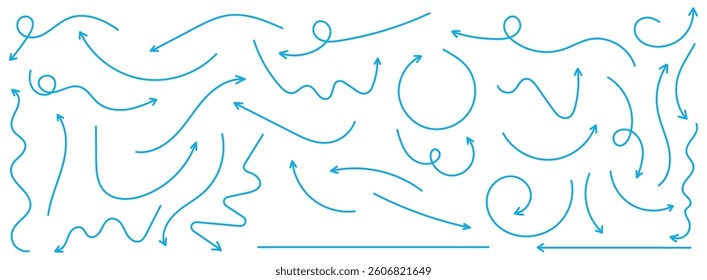 Set of simple lines hand drawn blue arrows in various style. Set of simple of hand drawn blue arrows. Set of simple lines hand drawn blue arrows. Various of simple lines arrows collection.