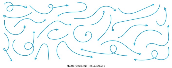 Set of simple lines hand drawn blue arrows in various style. Set of simple of hand drawn blue arrows. Set of simple lines hand drawn blue arrows. Various of simple lines arrows collection.