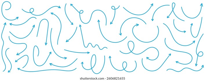 Set of simple lines hand drawn blue arrows in various style. Set of simple of hand drawn blue arrows. Set of simple lines hand drawn blue arrows. Various of simple lines arrows collection.