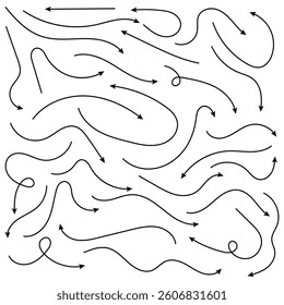 Set of simple lines hand drawn black arrows in various style. Set of simple of hand drawn black arrows. Set of simple lines hand drawn black arrows. Hand drawn thin line arrows set. 
