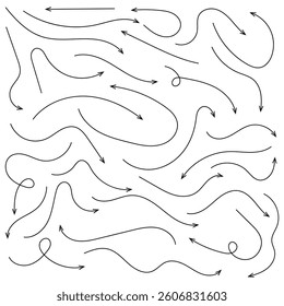 Set of simple lines hand drawn black arrows in various style. Set of simple of hand drawn black arrows. Set of simple lines hand drawn black arrows. Hand drawn thin line arrows set. 