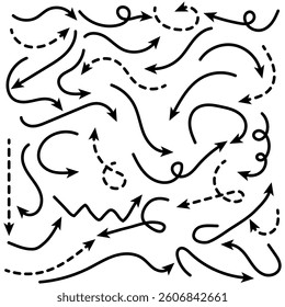 Set of simple lines hand drawn black arrows in various style. Set of simple of hand drawn dotted black arrows. Set of simple lines hand drawn black arrows. Various of simple lines arrows collection.