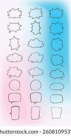 Set of simple lines hand drawn speech bubbles in various shapes gradient background. Set of simple of hand drawn speech bubbles gradient background. Set of simple lines hand drawn speech bubbles