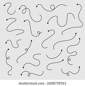 Set of simple lines hand drawn black arrows in various style. Vector element