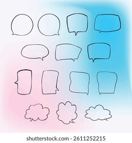 Set of simple lines hand drawn speech bubbles in various shapes gradient background. Set of simple of hand drawn speech bubbles gradient background. Set of simple lines hand drawn speech bubbles