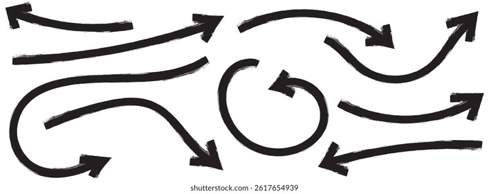 Set of simple lines hand drawn black arrows in various style. Set of simple of hand drawn black arrows. Set of simple lines hand drawn black arrows. Various of simple lines arrows illustration