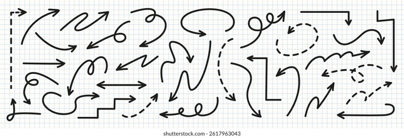 Set of simple lines hand drawn black arrows in various style. Set of simple of hand drawn black arrows. Set of simple lines hand drawn black arrows. Various of simple arrows collection, vector 10 eps.