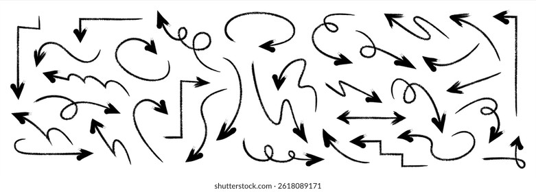 Set of simple lines hand drawn black arrows in various style. Set of simple of hand drawn black arrows. Set of simple lines hand drawn black arrows. Various of simple lines arrows, vector 10 eps.