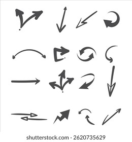 Set of simple lines hand drawn black arrows in various style. Set of simple of hand drawn black arrows. Set of simple lines hand drawn black arrows. Various of simple lines arrows collection
