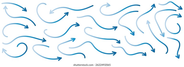 Set of simple lines hand drawn blue arrows in various style. Set of simple of hand drawn blue arrows. Set of simple lines hand drawn blue gradient arrows. Various of simple lines arrows illustration.
