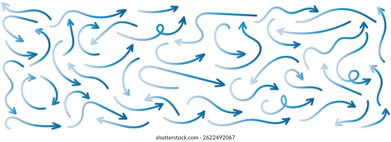 Set of simple lines hand drawn blue arrows in various style. Set of simple of hand drawn blue arrows. Set of simple lines hand drawn blue gradient arrows. Various of simple lines arrows illustration.