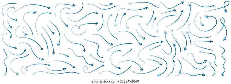 Set of simple lines hand drawn blue arrows in various style. Set of simple of hand drawn blue arrows. Set of simple lines hand drawn blue gradient arrows. Various of simple lines arrows illustration.