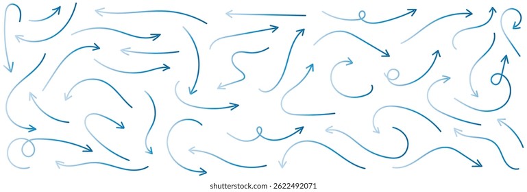 Set of simple lines hand drawn blue arrows in various style. Set of simple of hand drawn blue arrows. Set of simple lines hand drawn blue gradient arrows. Various of simple lines arrows illustration.
