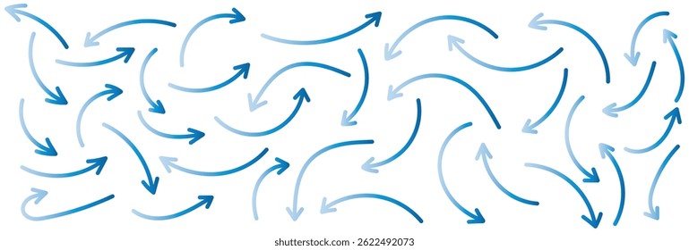 Set of simple lines hand drawn blue arrows in various style. Set of simple of hand drawn blue arrows. Set of simple lines hand drawn blue gradient arrows. Various of simple lines arrows illustration.