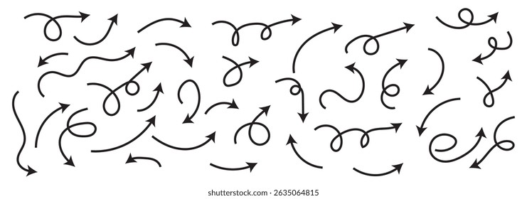 Set of simple lines hand drawn black arrows in various style. Set of simple of hand drawn black arrows. Set of simple lines hand drawn black arrows. Various of simple lines arrows collection