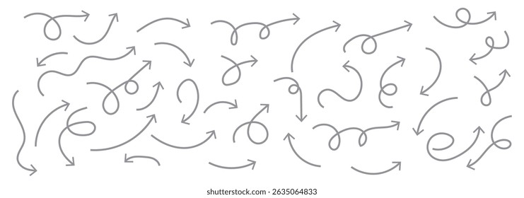 Set of simple lines hand drawn black arrows in various style. Set of simple of hand drawn black arrows. Set of simple lines hand drawn black arrows. Various of simple lines arrows collection