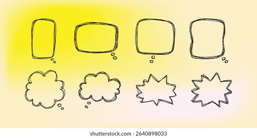 Set of simple lines hand drawn speech bubbles in various shapes gradient background. Set of simple of hand drawn speech bubbles gradient background. Set of simple lines hand drawn speech bubbles