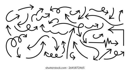 Set of simple lines hand drawn black arrows in various style. Set of simple of hand drawn black arrows. Set of simple lines hand drawn black arrows. Various of simple lines arrows collection