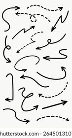 Satz von einfachen Linien handgezeichnete schwarze Pfeile in verschiedenen Stil. Satz einfacher schwarzer handgezeichneter Pfeile. Satz einfacher Linien, handgezeichnete schwarze Pfeile. Verschiedene der einfachen Linien Pfeile Sammlung Vector.